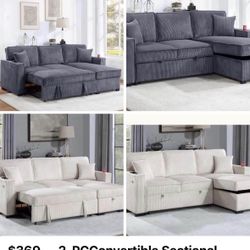 $369.     2-PCConvertible Sectional  Sleeper Sofa W/ Cupholder Sofa Storage & USB Ports  89”x 59”X36”H