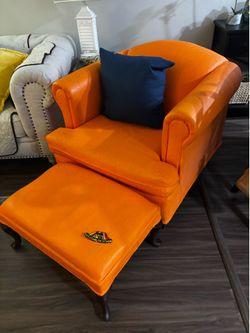 Orange Leather Armchair with Ottoman