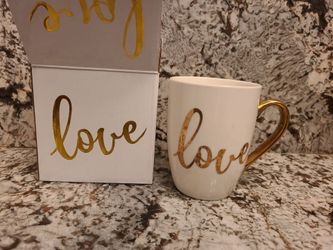 Burton + Burton White Ceramic "Love" Mug with Gold Handle for Sale