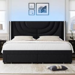 Full Size LED Bed Frame with 2 Drawer Storage, Wingback Platform Bed with Velvet Upholstered Headboard, Black