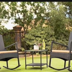 3pcs Outdoor High-Backrest Rocking Chair w/Cushion Seat Wicker Seating Group w/Glass Coffee Table Set (Black/Beige)