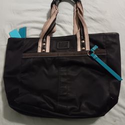 Coach Black & Teal Vinyl Purse With Neutral Brown Handles
