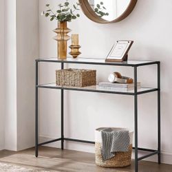 39.4 Inch Console Sofa Table, Modern Entryway Table, Tempered Glass Table, Metal Frame, 2 Shelves, Adjustable Feet, for Living Room, Hallw