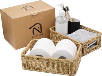 Baskets for Organizing, Small Wicker, Storage Bins for Bathroom and Toilet Paper Rolls, Hand Woven Tank Topper with Handle, Set of 2, Oat Milk