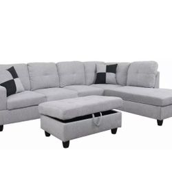 Light gray sectional couch with ottoman 
