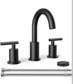 Black Bathroom Faucets 3 Hole, 2 Handle 8 in Widespread Matte Black Vanity Faucet 3 Holes with 360 Degree Rotating Spout for 6 to 12 inch Sink, Metal 