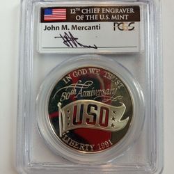 1991-S PCGS PR69DCAM USO 50th Anniversary Silver Dollar - John Mercanti Hand Signed 