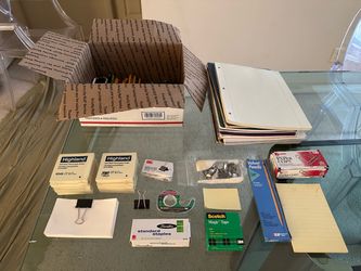 Lot of school or office supplies, Pens, Pencils, Notebooks, Post It Notes, Staples, Tape, Paper Clips