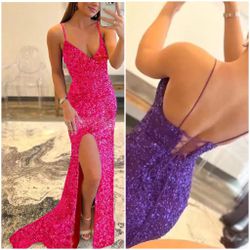 Spaghetti straps V-neckline Opening Long party dress with sequins