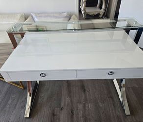 White Gloss Desk with Chrome Legs and Glass Shelf