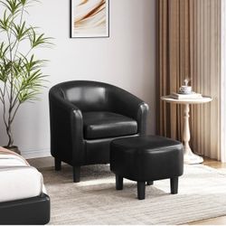 Accent Chair with Ottoman Set, Modern Faux Leather Upholstered Soft Barrel Chair and Footrest, Club Armchair and Footstool for Living Room/Bedroom/Rea