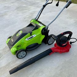 Electric Lawn Mower + Handheld Leaf + Vacuum Kit Included. 