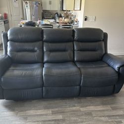 Blue Leather Sofa And Matching Recliner 