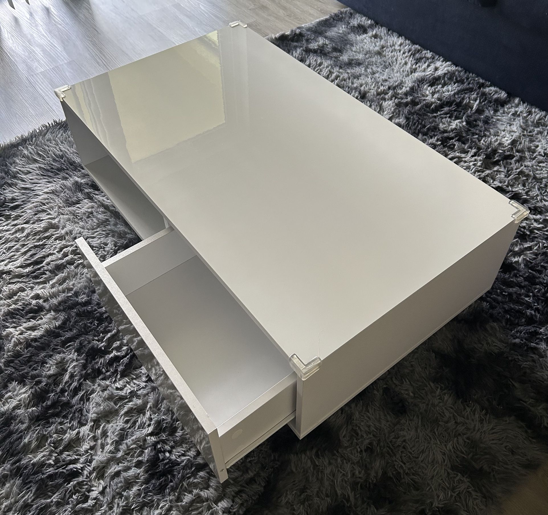 Modern White High Gloss Coffee Table (w/2 Storage Drawers) Open Shelf