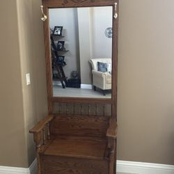 Solid Oak Coat Rack With Chair Storage Dresser Mirror Perfect Condition 