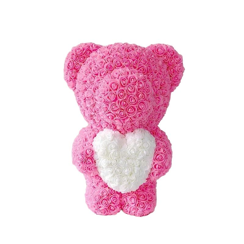 Standing Pink Rose Bear White Heart