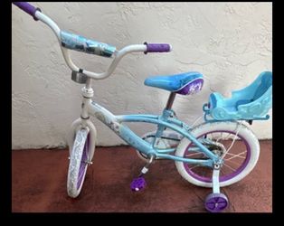 Disney Frozen Girls 16" Bike Blue Purple with Training Wheels Doll Seat