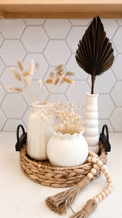 Modern Matte White Vase Set with Dried Florals | Farmhouse Table Decor