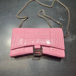Balenciaga Hourglass Croc Embossed Candy Pink Leather Chain Wallet Bag