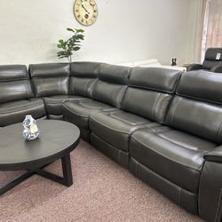 Furniture- Zero Gravity 5 Pc Genuine Leather Sectional With 3 Power Recliners- Hutchenson