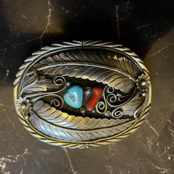 Turquoise, Coral, Silver Belt Buckle