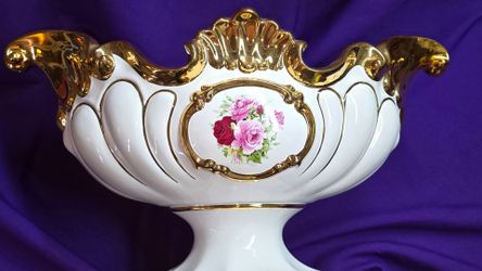 Bruno Costenaro Design Italy Limoges Large white ceramic centerpiece bowl featuring gold-toned accents and a hand-painted floral design. CERAMICHE BRU