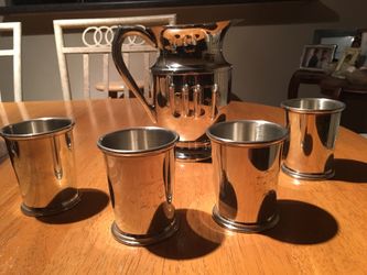 PEWTER Salisbury pitcher and four 9oz cups