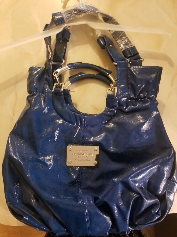 Blue leather tote bag