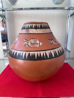 Signed JJ Southwestern Pueblo Polychrome Terracotta Pottery Vase Fish Motif 12"