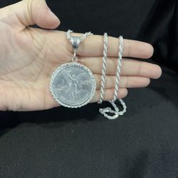 925 Sterling Silver Bezel Mexico 1oz Libertad Moneda Coin CENTENARIO & Rope Chain Necklace 
