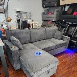 Sectional Convertible Bed Dark Grey Corduroy Fabric, New Especial Price