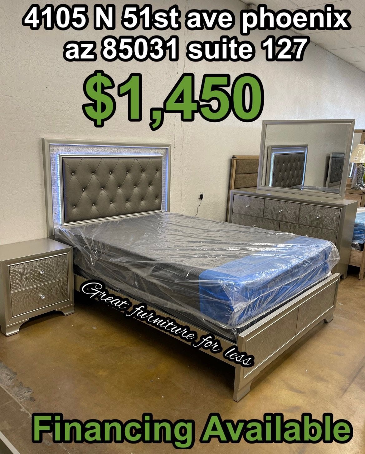 Queen Size Led Bedroom Set Color Champagne Include Bed Frame Dresser Mirror Nightstand Pillow Top Mattress And Boxspring Brand New