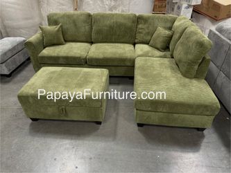 New! 106” Green Sectional , Plush Sectional Sofa And Ottoman, Sage Sectional, Coduroy Couch, Corduroy Sectional sofa, Sofa And Ottoman, Sectionals,Sof