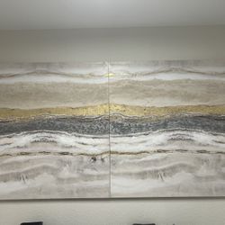 TWO - large Canvas Abstract Painting Neutral White Beige Gold Leaf Marbled Coast 47inX 47in
