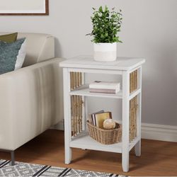 Farmhouse Nightstand, Rustic 3-Tier End Table, MDF Side Table with Hemp Rope Decor, Wood Accent Table with 2 Open Display Shelves for Bedroom Living R