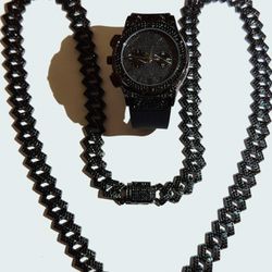 Black Diamond Cuben Link Chain And Watch 