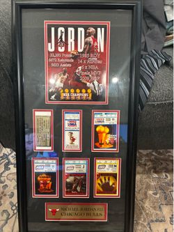 Framed Michael Jordan bulls memorabilia display