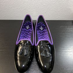 Cole Haan men black Purple Patent Leather Bellaver tassle slipper loafer Sz 7.5
