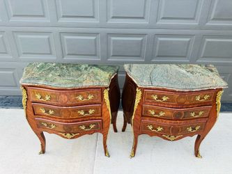 Pair 19th Century France Louis XV Inlaid Marble Top Commodes Chest of Drawers