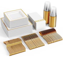 350Pcs Gold Plastic Plates - Disposable Square Gold Plates Dinnerware set include 9.5"/6" Plates,Cups,Plastic Cutlery,Hand Napkins Perfect for 50 gues