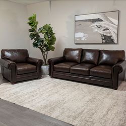 Espresso Brown Leather Sofa & Chair - Like New - Free Delivery