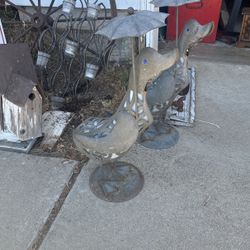 Adorable Pair Of  Metal. Garden Ducks With Umbrellas P