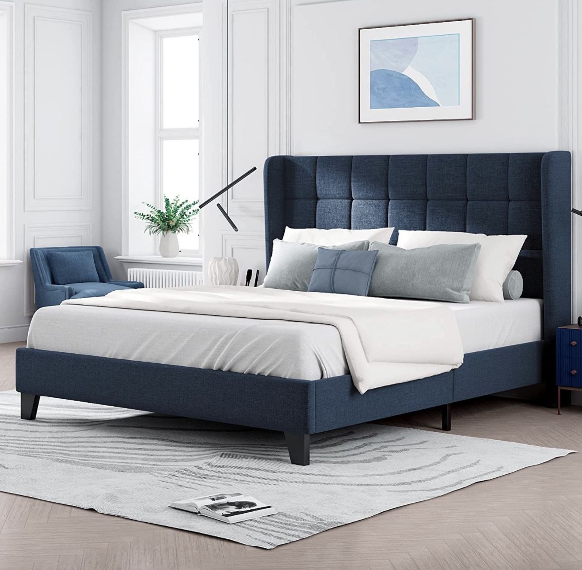 Queen Size Navy Blue Bed Frame With Mattress