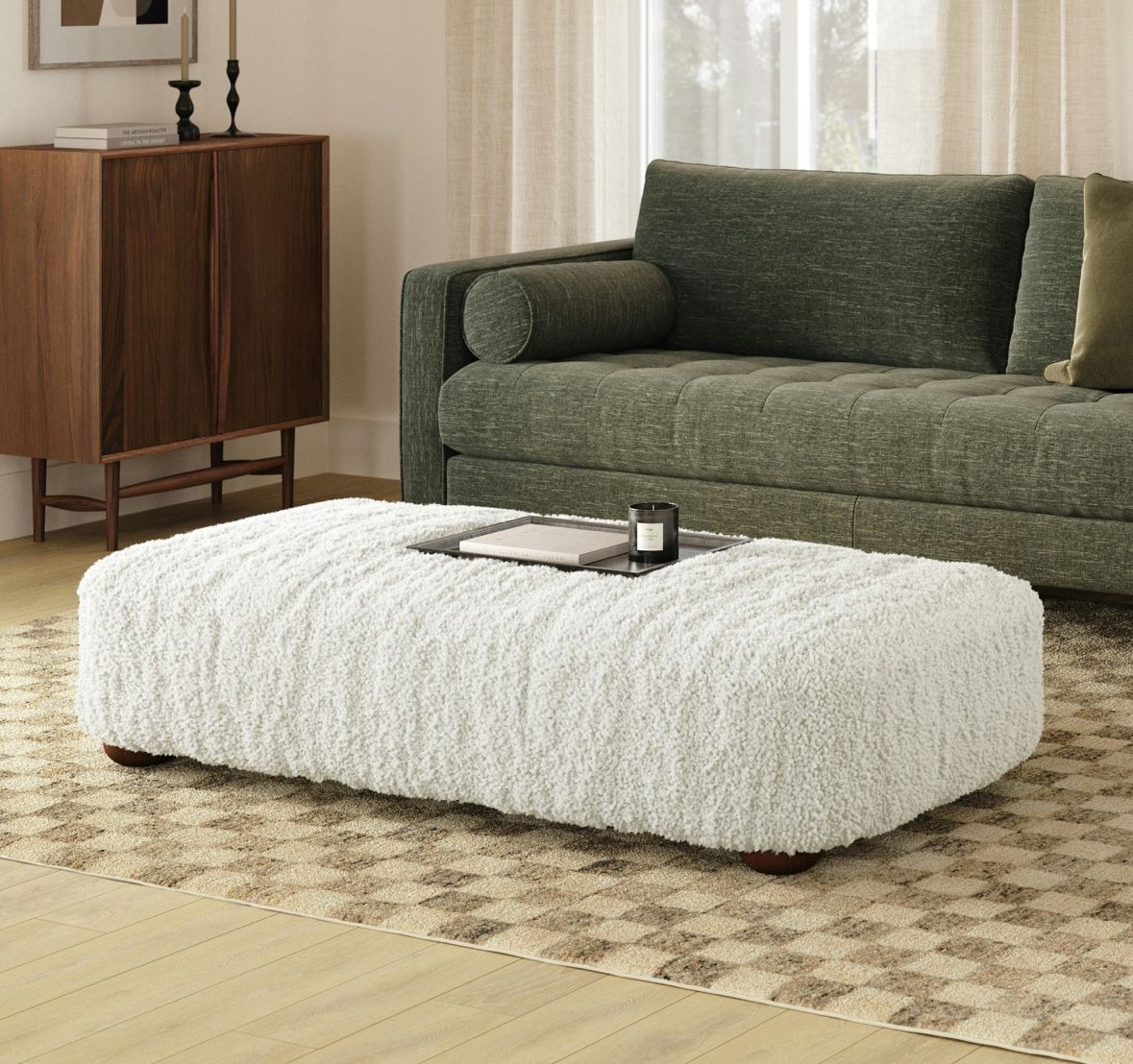 $430 OBO NEW IN BOX ARTICLE BERKLEY 59" OTTOMAN FAUX SHEARLING TAUPE