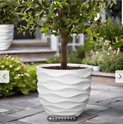 17.3" Diameter White Horizontal Waves Fiber Stone Round Pot Planters - 15.2" H x 17.38" Diameter - 1