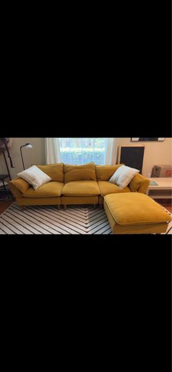 Mustard Yellow Chenille Sectional Sofa Couch w/ Leg Rest for Sale