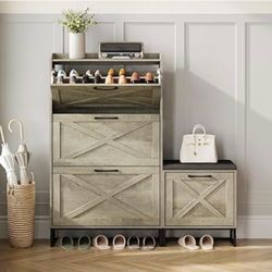 GREY Shoe Bench with 4 Flip-Up Drawers for 28 Pairs, Hidden Shoe Organizer for Entryway, Living Room, Hallway brand new in box $120 F20 