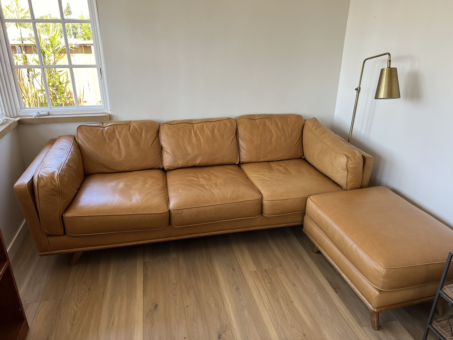 Article Timber Charme Leather Tan Sofa & Ottoman 
