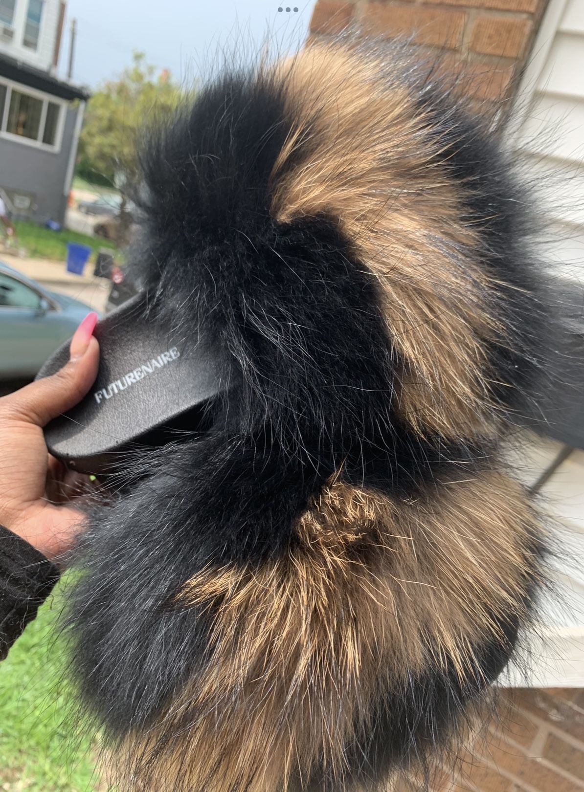 Black & Brown Bambo Genuine Fur Slides 