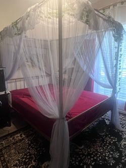 Full Size Canopy Bed Set — Frame, Memory Foam Mattress + Topper, Burgundy Sheets & Mesh Canopy